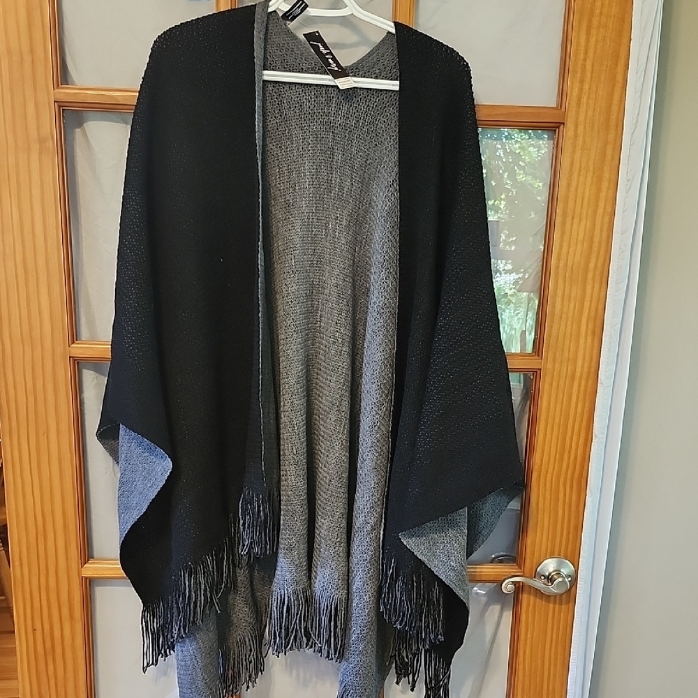 Black and Gray Fringe Reversible Shawl